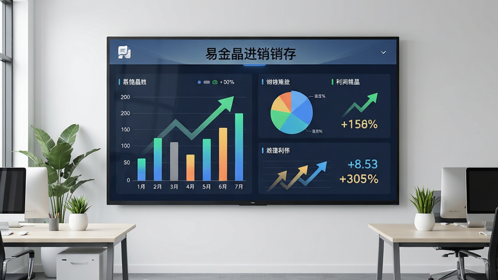 现代办公室内,一块大屏幕显示“易金晶进销存”经营数据看板,画面采用居中构图,屏幕周围有简约办公桌与绿植,风格数据可视化,细节包含柱状图、饼图、上升箭头与利润数字,画质清晰,干净,无多余元素