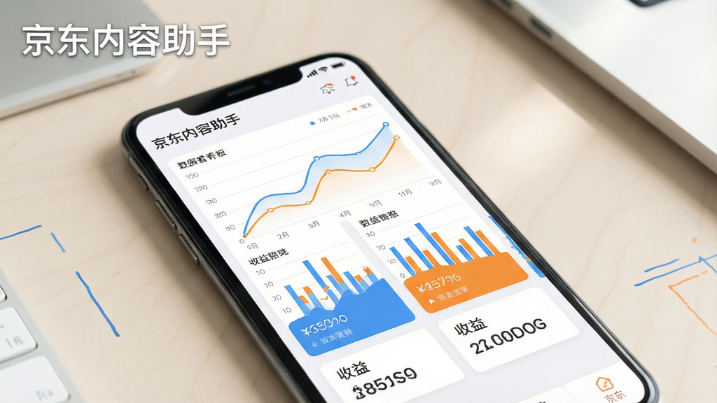 一张展示京东内容助手数据看板与收益统计的图片,画面中一部手机屏幕显示彩色折线图与柱状图,下方有收益数字卡片,界面风格简洁商务,以白色背景搭配蓝色与橙色数据线。背景为浅色办公桌面,画质清晰,细节丰富,无多余元素,图片中文字标注“京东内容助手”。