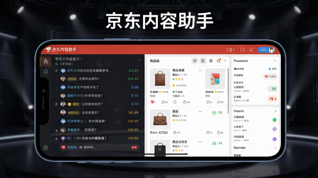 一张展示京东内容助手直播管理功能的图片,画面中一部手机横屏显示直播中控台界面,左侧是实时评论滚动区,右侧是商品列表与数据面板,屏幕上方显示“京东内容助手”字样。背景为深色演播室风格,有柔和的灯光效果,画质清晰,细节丰富,风格专业科技感,无多余元素。