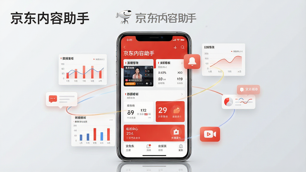 一张展示京东内容助手移动端应用界面的图片,画面中央是一部智能手机,手机屏幕上显示京东内容助手的主页,包含直播管理、数据看板、收益中心等模块,界面采用京东红与白色为主色调,布局清晰。手机周围环绕着悬浮的数据图表、消息通知图标和直播摄像头图标,背景为浅灰色渐变,风格现代简洁,细节丰富,画质干净清晰,无多余元素,图片中文字标注“京东内容助手”。
