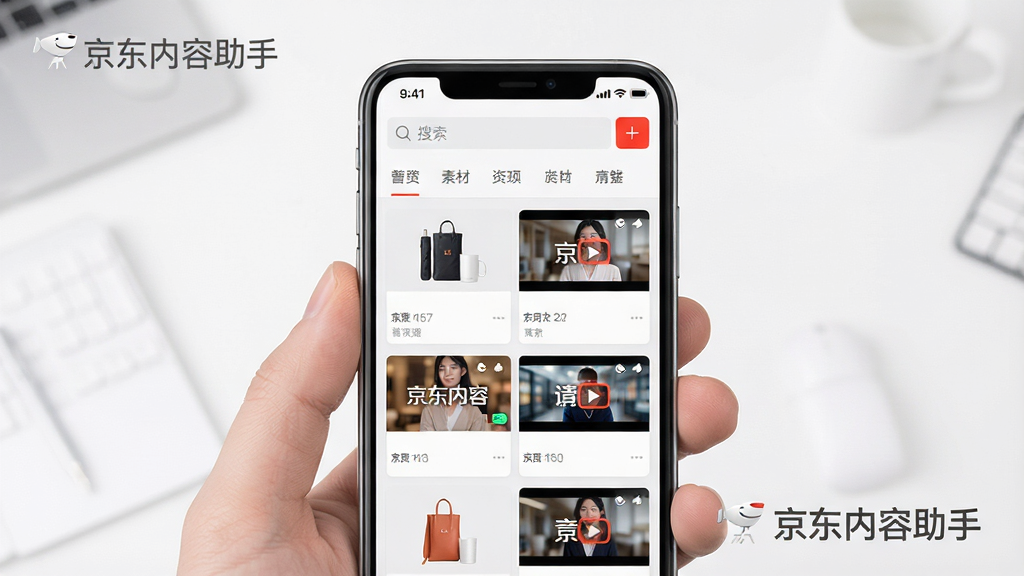 一张展示京东内容助手素材管理界面的图片,画面中一部手机屏幕显示素材库网格布局,缩略图包含商品图与短视频封面,顶部有搜索框与分类标签,界面以白色和浅灰色为主,点缀京东红按钮。背景干净简洁,画质清晰,风格清爽现代,图片中文字标注“京东内容助手”。