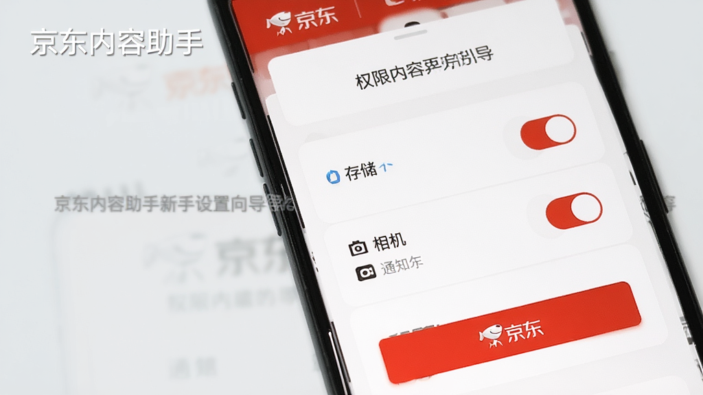 一张展示京东内容助手新手设置向导界面的图片,画面中一部手机屏幕显示权限开启引导页面,包含存储、相机、通知三个开关选项,界面以白色卡片式布局,京东红高亮按钮,背景为浅灰色,画质清晰,风格简洁友好,图片中文字标注“京东内容助手”。