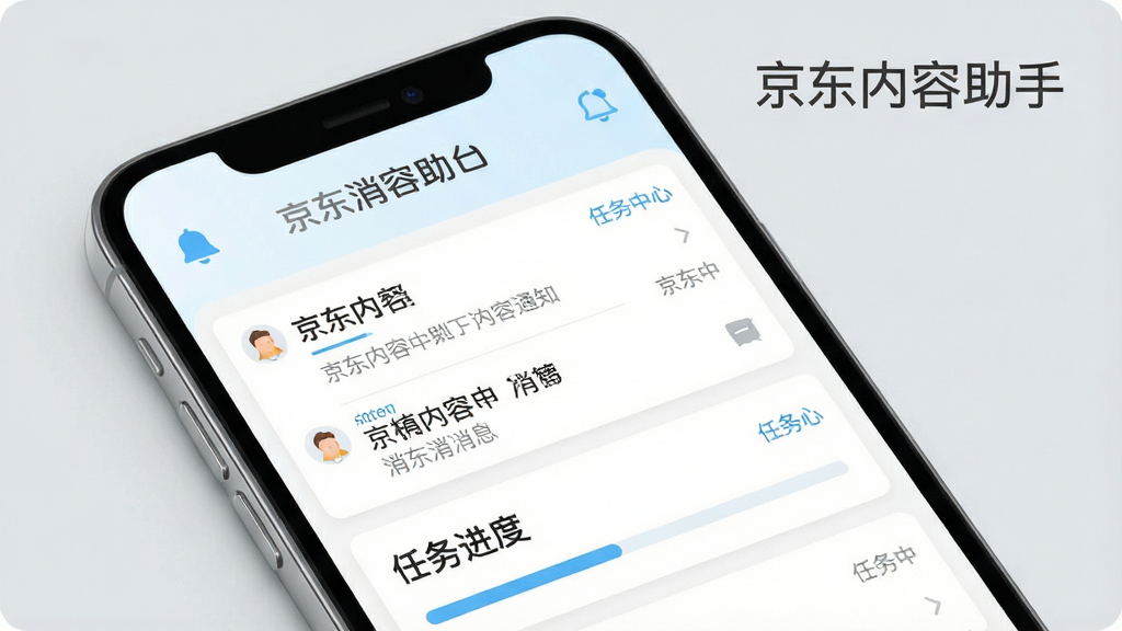 一张展示京东内容助手消息通知与任务中心界面的图片,画面中一部手机屏幕显示消息列表与任务进度条,顶部有铃铛图标,界面以白色和浅蓝色为主,风格清新柔和。背景为淡灰色,画质干净,细节清晰,图片中文字标注“京东内容助手”。