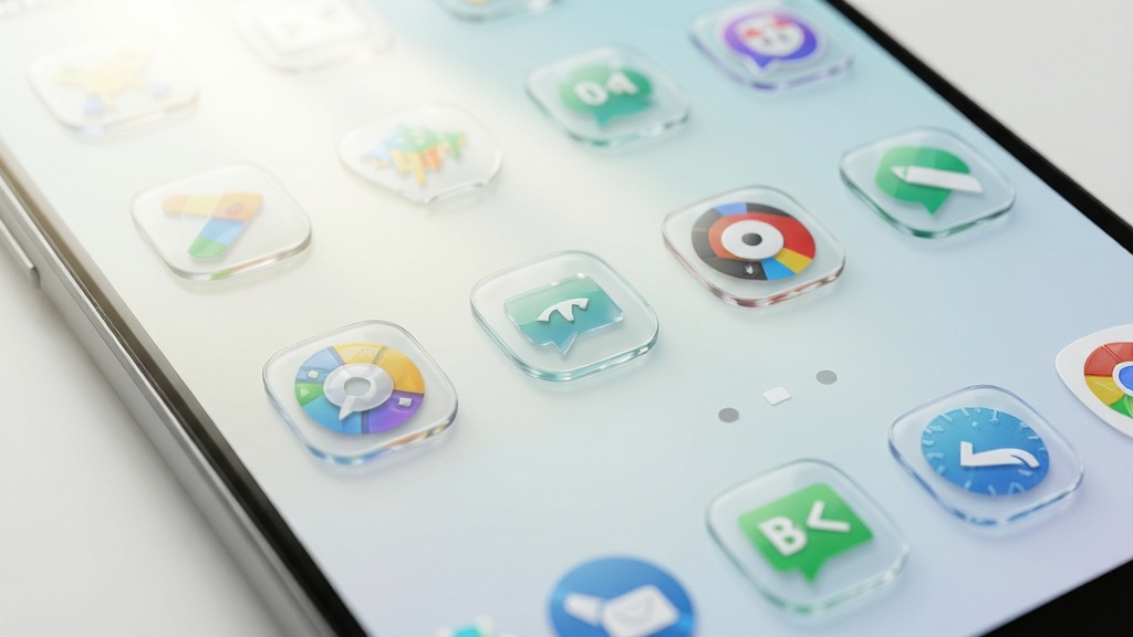 主图:一部Android智能手机的桌面特写,桌面上整齐排列着多个不同样式的快捷方式图标,图标呈现半透明玻璃质感,背景是简洁的浅色渐变壁纸,画面中央有一道柔和的光线从左上角洒落,整体风格干净清爽,画质细腻,无多余元素,画面中不出现任何文字