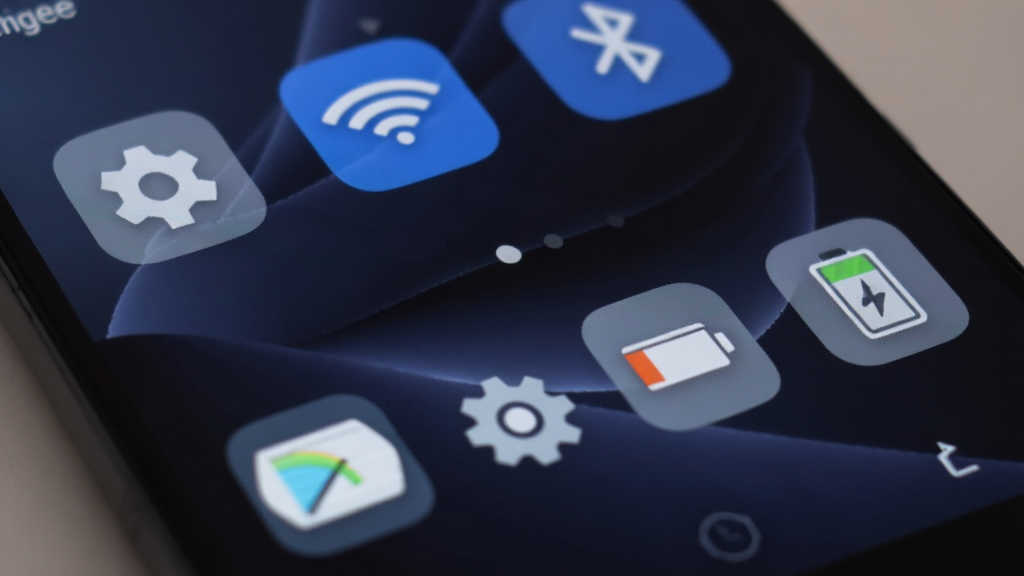 一部Android手机屏幕,桌面上排列着多个系统设置类快捷方式图标,包括齿轮、WiFi信号、蓝牙、电池等符号,图标风格统一为圆角矩形,背景为深色渐变壁纸,光线柔和,画质高清,干净无多余元素