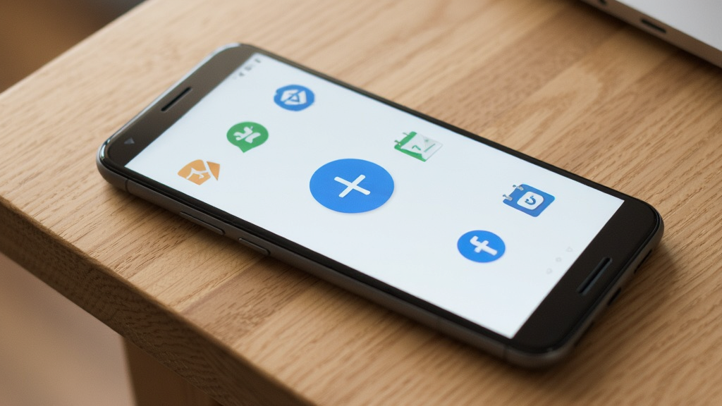 一部Android手机放置在桌面上,屏幕显示一个简洁的应用界面,界面中央有一个大大的加号按钮,周围环绕着几个已创建的快捷方式图标,整体风格极简,配色清爽,画质清晰,无多余元素