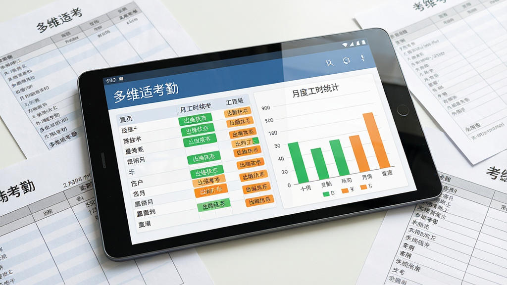 一张展示考勤统计报表界面的图片,画面中央是一部横屏摆放的安卓平板,屏幕内显示