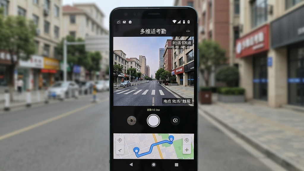 一张展示外勤拍照打卡水印效果的图片,画面主体是一部安卓手机,屏幕显示