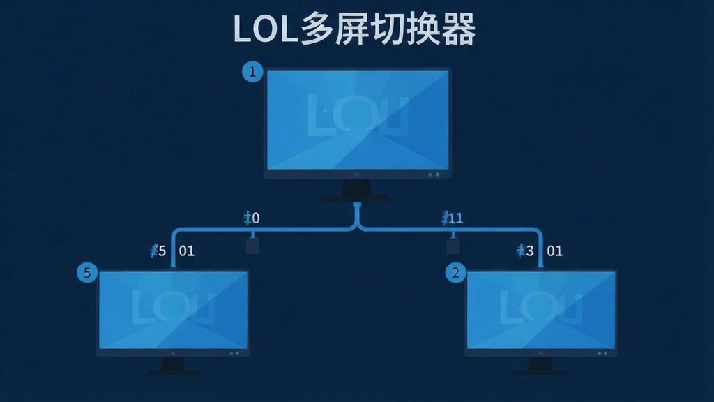 一张展示LOL多屏切换器多显示器识别功能的图片,主体为显示器拓扑图,布局为上方主显示器图标、下方副显示器图标,排版直观,风格为扁平化科技蓝风格,细节包括显示器编号和连接线,画质清晰,干净,无多余元素,图片中文字包含“LOL多屏切换器”