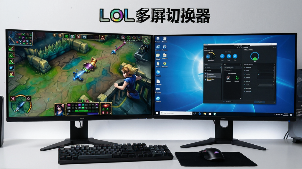 一张展示LOL多屏切换器在双显示器环境下运行状态的图片,主体为两个并排的显示器,左侧显示器显示英雄联盟游戏画面,右侧显示器显示桌面和软件控制面板,布局为左右对比,风格为写实电竞桌面风格,细节包括键盘鼠标和显示器边框,画质清晰,干净,无多余元素,图片中文字包含“LOL多屏切换器”