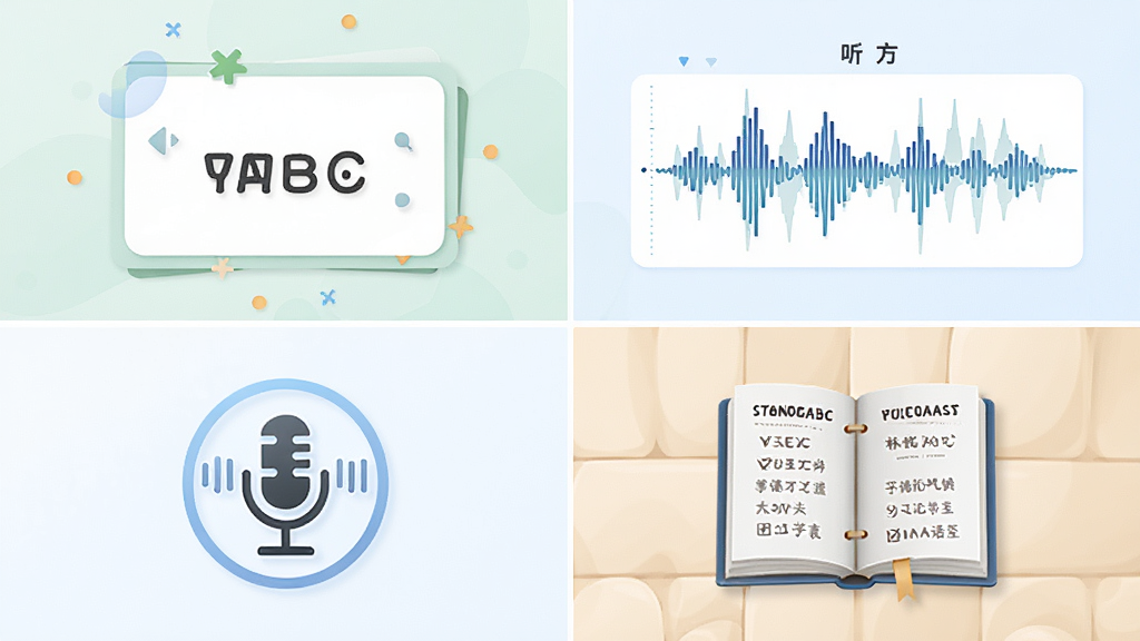 易精通VOABBC英语学习软件功能展示图,画面分为四个区域,分别展示单词卡片、听力波形图、麦克风图标和语法书籍,布局整齐,风格清新,细节精致,画质高清,干净无多余元素