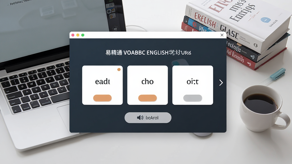 一张展示易精通VOABBC英语学习软件主界面的图片,画面中央是软件窗口,窗口内显示英语单词卡片和发音按钮,背景是整洁的书桌,桌上有笔记本电脑、英语书籍和一杯咖啡,风格为现代简约,细节清晰,画质高清,干净无多余元素