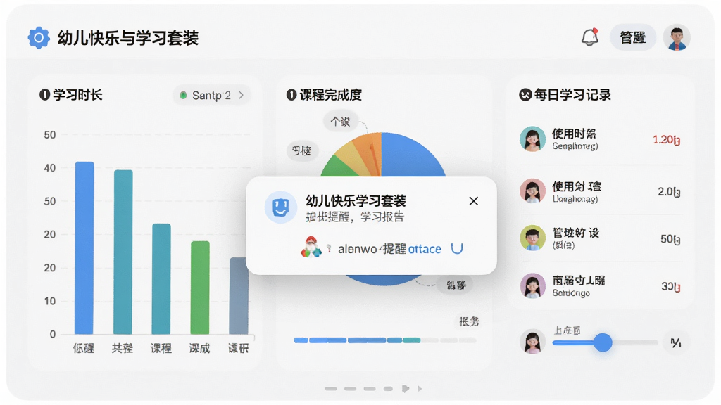 幼儿快乐学习套装家长管控与学习报告界面,画面展示一个数据统计面板,包含学习时长柱状图、课程完成度饼图和每日学习记录列表,布局为仪表盘风格,风格简洁清晰,细节上体现护眼提醒弹窗和使用时长设置滑块,画质高清干净无多余元素