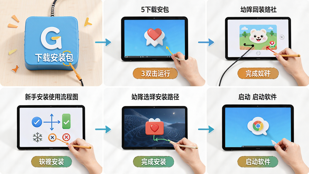 幼儿快乐学习套装新手安装使用流程图解,画面展示从下载安装包到双击运行、选择安装路径、完成安装、启动软件的全流程步骤,布局为六宫格流程图样式,风格简洁明快,细节上标注每一步的关键操作按钮,画质高清干净无多余元素