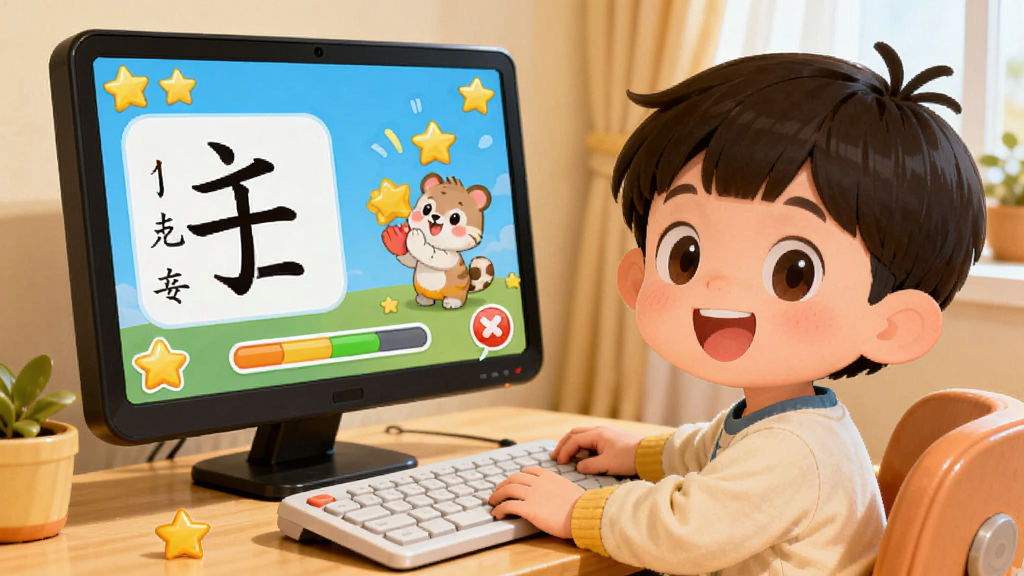 幼儿快乐学习套装互动学习体验场景,画面展示一个卡通儿童坐在电脑前开心学习的场景,屏幕上显示汉字笔顺动画和小动物鼓掌的奖励动画,布局为室内学习环境,风格温馨活泼,细节上体现星星奖励和进度条元素,画质高清干净无多余元素