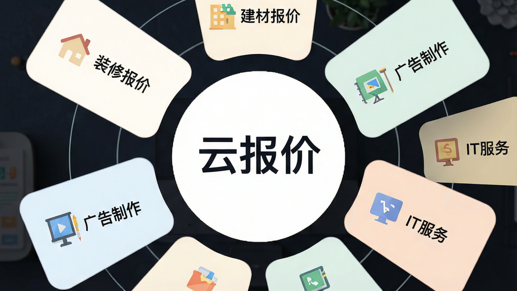 一张展示云报价模板库的图片,画面中央是软件名称“云报价”,周围环绕着多个行业模板卡片,卡片上分别写着“装修报价”“建材报价”“广告制作”“IT服务”等字样,布局为圆形放射状,风格为清新扁平化设计,细节包括卡片圆角、图标简洁、颜色柔和,画质高清,画面干净,无多余元素