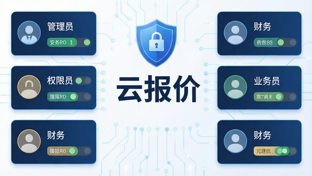一张展示云报价权限管理功能的图片,画面中央是软件名称“云报价”,旁边是一个盾牌图标和多个用户角色卡片,卡片上写着“管理员”“业务员”“财务”等文字,布局为左右结构,风格为安全科技风,细节包括锁形图标、权限开关、角色标签,画质高清,画面干净,无多余元素