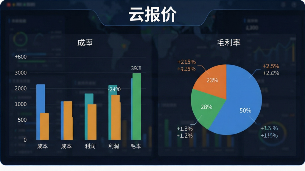 一张展示云报价利润核算功能的图片,画面中央是一块数据仪表盘,上面显示“云报价”软件名称,仪表盘上有柱状图和饼图,分别标注“成本”“利润”“毛利率”等文字,布局为居中对称,风格为商务数据可视化,细节包括数字清晰、颜色区分明显、背景简洁,画质高清,画面干净,无多余元素