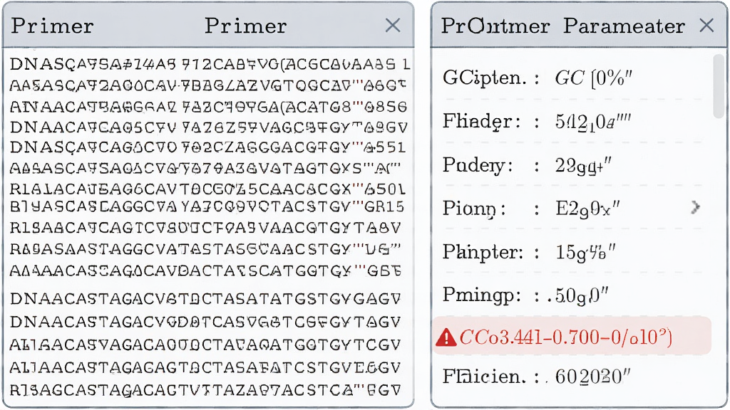 软件名称Primer,主体是DNA序列和引物结合示意,布局为左右分栏,左侧显示序列文本,右侧显示引物参数面板,排版整齐,风格为科研图表风格,细节包括GC含量百分比、温度数值、二聚体警示标记,画质高清,干净,无多余元素
