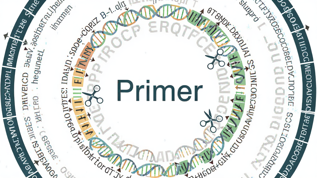 软件名称Primer,主体是DNA序列上的酶切位点标记和剪刀图标,布局为环形构图,排版围绕中心序列展开,风格为生物信息学可视化风格,细节包括酶名称标签、切割位置箭头、保护碱基高亮,画质高清,干净,无多余元素
