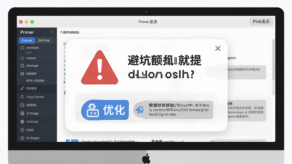 软件名称Primer,主体是电脑屏幕显示软件操作界面和避坑提示弹窗,布局为居中特写,排版突出警告图标和文字,风格为教程插图风格,细节包括红色警示标志、蓝色优化标签、灰色提示框,画质高清,干净,无多余元素