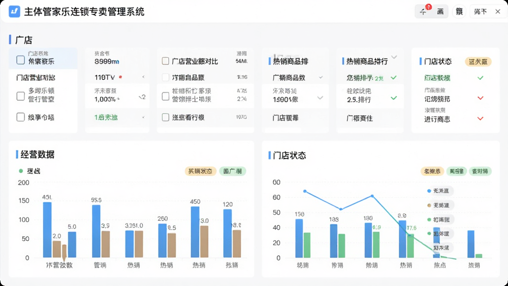 多门店统一管控场景,主体为管家乐连锁专卖管理系统总部数据看板,布局为上方门店列表与下方经营数据图表,排版为左右分栏结构,风格为简洁商务风,细节包括各门店营业额对比柱状图、热销商品排行、门店状态标签,画质高清,画面干净无多余元素