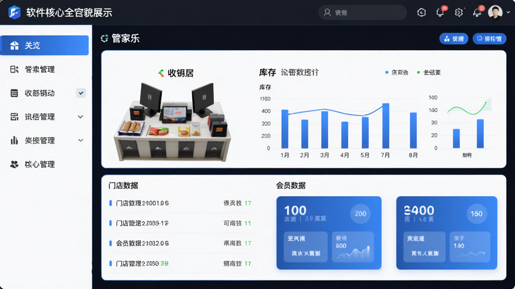 软件核心全貌展示,主体为管家乐连锁专卖管理系统软件界面,布局为左侧功能导航栏与右侧数据看板,排版整齐清晰,风格为现代商务科技风,细节包括收银台、库存图表、门店列表、会员数据卡片,画质高清锐利,界面干净无多余元素,整体呈现专业连锁管理软件的专业感