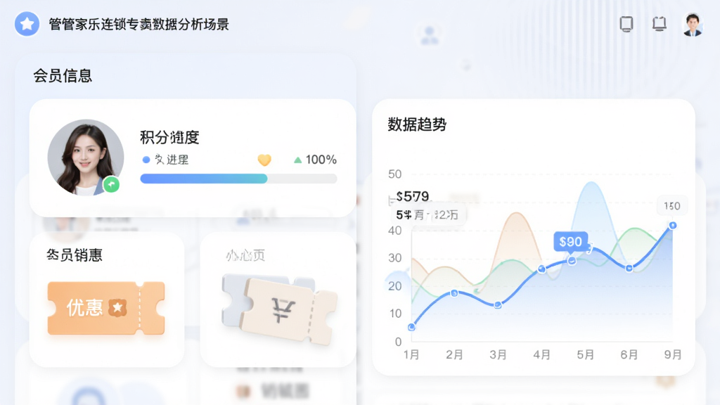 会员营销数据分析场景,主体为管家乐连锁专卖管理系统会员与报表界面,布局为左侧会员信息卡与右侧数据趋势图,排版为卡片式布局,风格为柔和圆角设计,细节包括会员头像、积分进度条、优惠券图标、销售折线图,画质高清,界面干净无多余元素