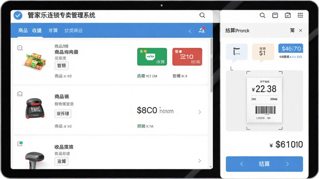 智能收银结算场景,主体为管家乐连锁专卖管理系统收银界面,布局为左侧商品列表与右侧结算面板,排版清晰直观,风格为现代扁平化设计,细节包括扫码枪、支付方式图标、小票打印预览、金额数字,画质高清,界面干净无多余元素