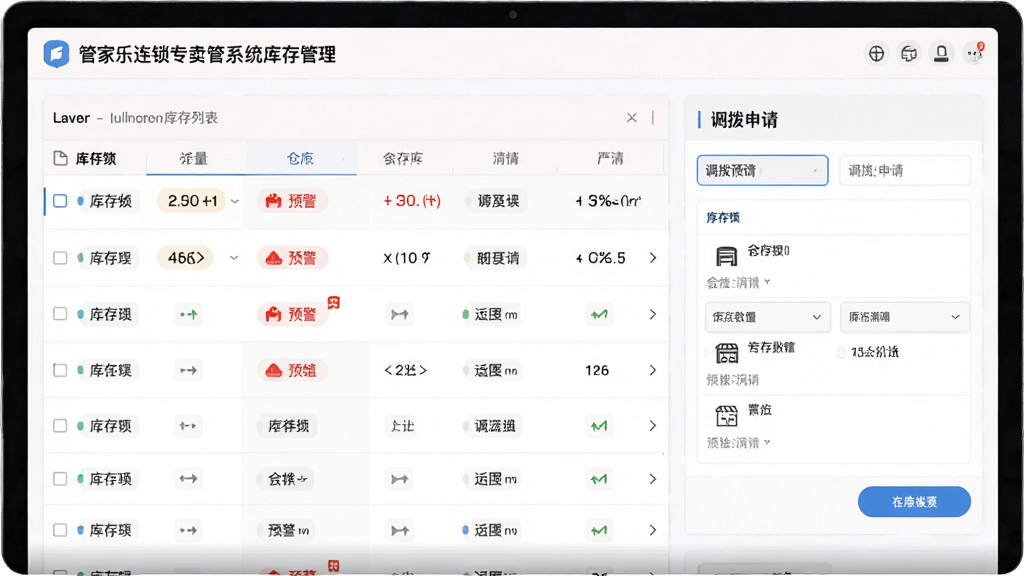 库存调拨预警场景,主体为管家乐连锁专卖管理系统库存管理模块,布局为库存列表与调拨申请表单,排版为上下结构,风格为清爽简约风,细节包括库存数量标签、预警红色标识、调拨箭头示意图、仓库与门店图标,画质高清,画面干净无多余元素