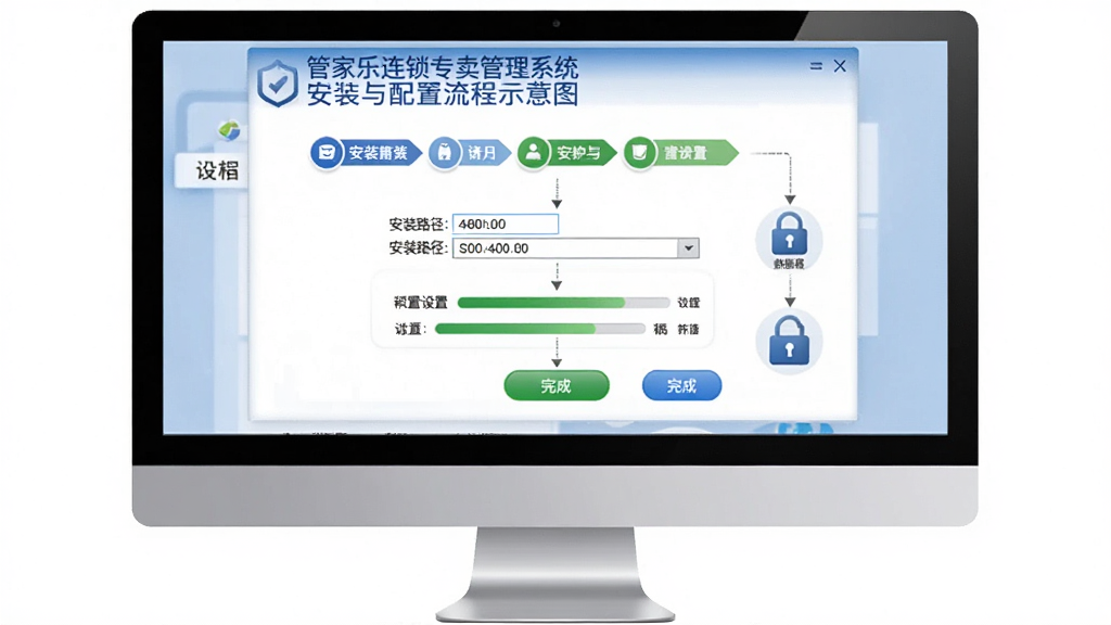 管家乐连锁专卖管理系统安装与配置流程示意图,主体为电脑屏幕上的安装向导界面,布局为步骤条与设置选项,排版为纵向流程,风格为简洁教程风,细节包括安装路径选择框、进度条、完成按钮、数据备份图标,画质高清,画面干净无多余元素