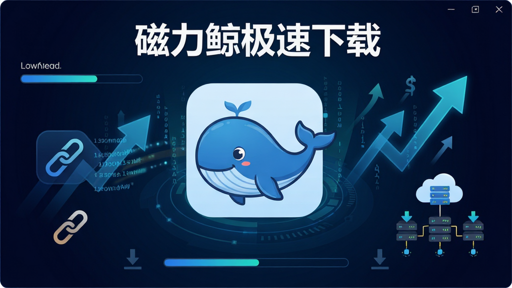 磁力鲸极速下载软件主界面展示,画面中央是一只蓝色卡通鲸鱼图标,背景为深色科技感渐变,周围环绕着下载速度飙升的箭头与数据流元素,布局采用中心对称构图,风格为扁平化科技风,细节包括进度条、磁力链图标和云端服务器节点,画质高清,干净整洁,无多余元素,图片中文字标注“磁力鲸极速下载”