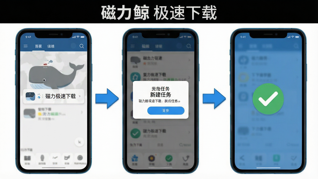 磁力鲸极速下载新手操作示意图,画面为手机界面分步演示,左侧显示复制磁力链接,中间箭头指向软件新建任务弹窗,右侧显示下载完成打勾图标,布局为横向三步骤流程图,风格为扁平化教程插画,细节包括蓝色箭头、手机边框和简洁图标,画质高清,干净整洁,无多余元素,图片中文字标注“磁力鲸极速下载”