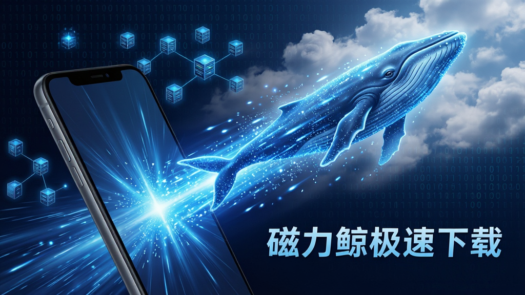 磁力鲸极速下载极速引擎概念图,画面主体为一台智能手机屏幕中喷射出蓝色光速粒子流,粒子汇聚成鲸鱼形状直冲云霄,布局采用对角线动态构图,风格为未来科技感,细节包括速度线、服务器节点光点与二进制代码背景,画质超清,干净利落,无多余元素,图片中文字标注“磁力鲸极速下载”