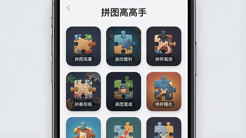 一张展示拼图高高手图库界面的图片,主体为手机屏幕中排列整齐的拼图主题缩略图网格,布局采用九宫格瀑布流样式,排版清晰有序,风格为现代简约的UI设计风格,细节上每个缩略图带有圆角边框和主题标签,背景为浅灰色,画质清晰,干净无多余元素,屏幕上方带有文字“拼图高高手”。