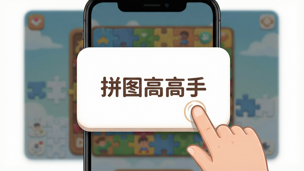 一幅展示拼图高高手新手引导界面的图片,主体为手机屏幕中带有手指点击提示的教程弹窗,布局采用居中卡片式排版,风格为清新友好的插画风格,细节上弹窗带有圆角边框和柔和阴影,背景为虚化的游戏拼图界面,画质清晰,干净无多余元素,画面中带有文字“拼图高高手”。