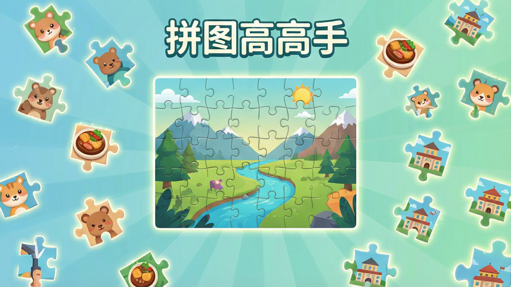 一幅展现拼图高高手游戏界面的插画,画面中央是正在拼合的风景拼图,四周散落着带有动物、美食、建筑图案的拼图碎片,布局采用中心放射式排版,风格为清新明快的扁平化卡通风格,细节上拼图边缘带有微光特效,背景为柔和的渐变蓝绿色,画质高清,干净整洁,无多余元素,画面中带有文字“拼图高高手”。