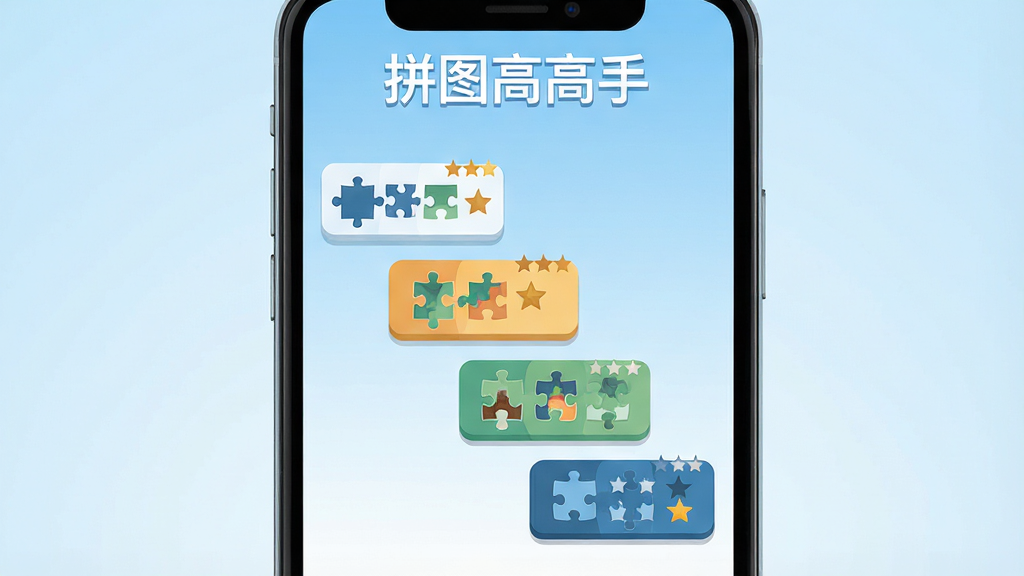 一幅表现拼图高高手难度选择界面的示意图,主体为手机屏幕中从易到难排列的难度按钮,布局采用纵向阶梯式排列,排版简洁直观,风格为扁平化设计风格,细节上每个难度按钮配有不同数量的拼图块图标和星级标识,背景为淡蓝色渐变,画质高清,干净无多余元素,界面顶部带有文字“拼图高高手”。