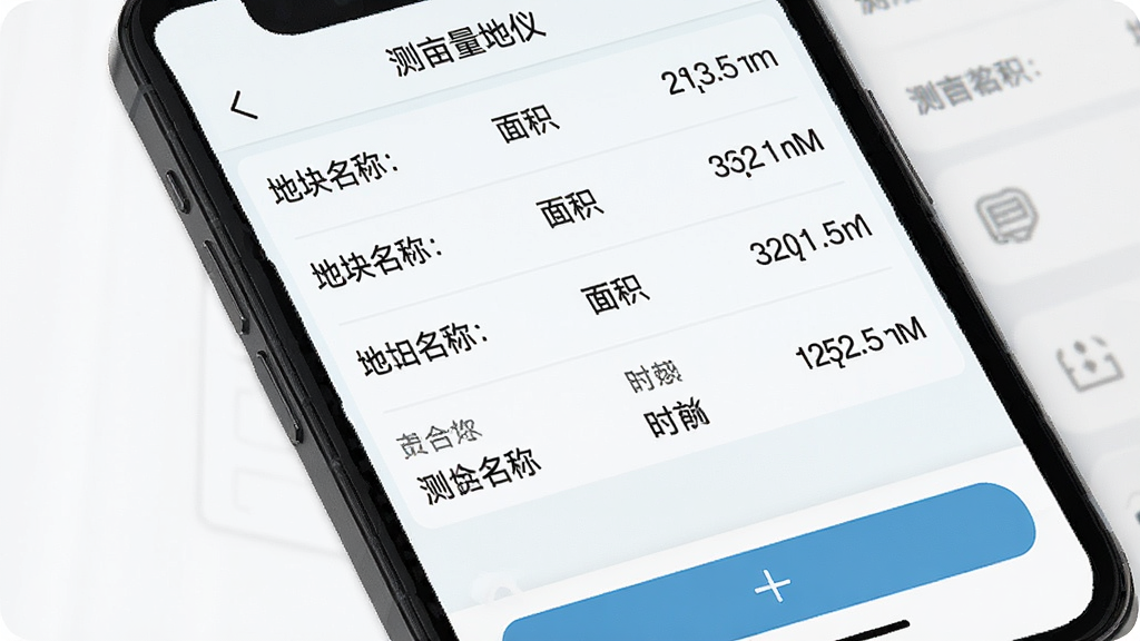 手机屏幕显示测量记录列表界面,每条记录包含地块名称、面积和时间,背景为浅色列表,布局为纵向排列,风格简洁商务,细节包括“测亩量地仪”应用标题和底部的添加按钮,画质清晰,干净,无多余元素