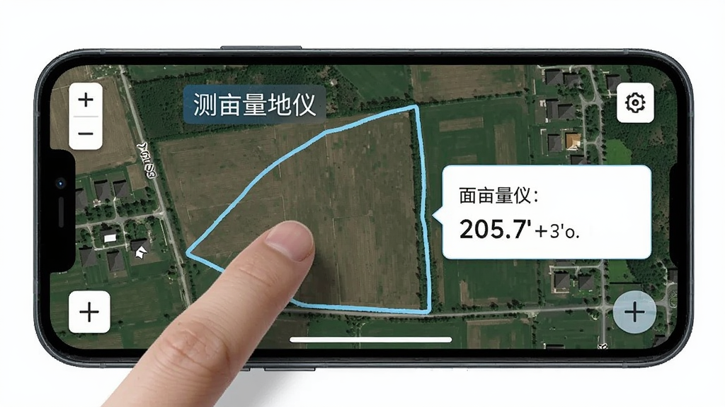 手机屏幕显示卫星地图界面,上面用手指绘制了一个多边形的农田地块,地图上有“测亩量地仪”文字标识,布局为手机正面展示,风格科技感,细节包括地图缩放按钮和面积结果弹窗,画质清晰,干净,无多余元素