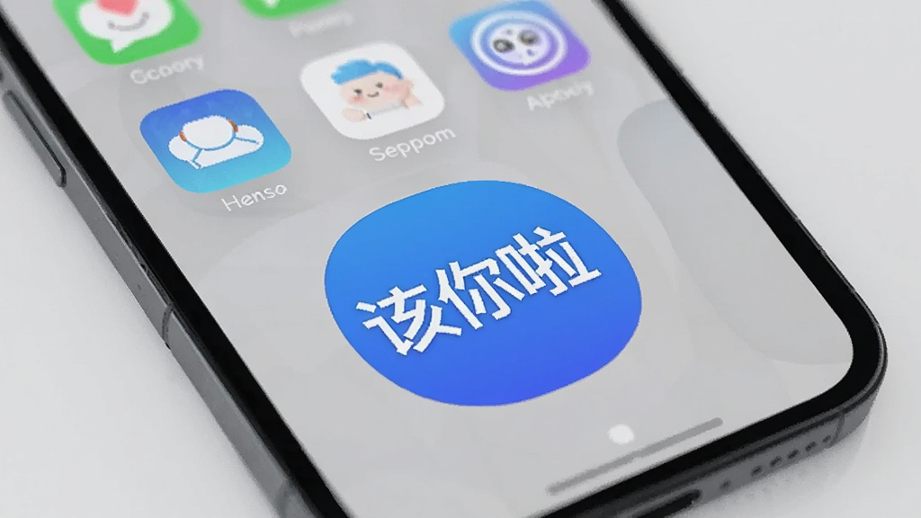 该你啦应用图标与手机桌面展示,图标为圆形蓝色底白色
