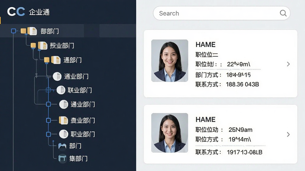 一张展示CC企业通讯通讯录管理界面的示意图,画面左侧为树状组织架构图,包含部门分组,右侧为联系人详情卡片,显示头像、姓名、职位、部门、联系方式,顶部有搜索框,整体风格简洁专业,画质清晰,干净,无多余元素