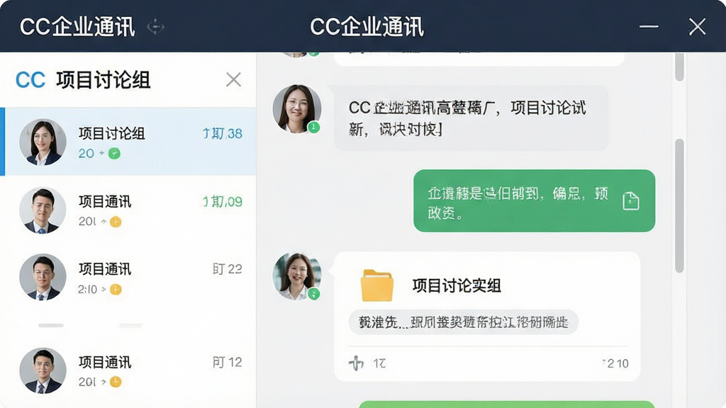 一张展示CC企业通讯群组聊天功能的界面截图风格图片,画面中显示一个名为“项目讨论组”的群聊窗口,左侧是成员头像列表,右侧是对话气泡,包含文字消息和文件卡片,界面风格清爽商务,顶部有“CC企业通讯”文字标识,画质清晰,干净,无多余元素