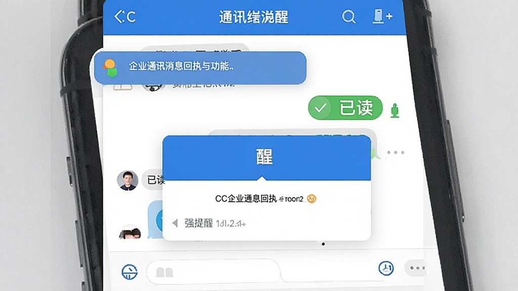 一张展示CC企业通讯消息回执与提醒功能的界面图,画面中聊天窗口显示“已读”标识和强提醒弹窗,手机端有通知横幅,界面配色以蓝白为主,风格商务简洁,画质清晰,干净,无多余元素