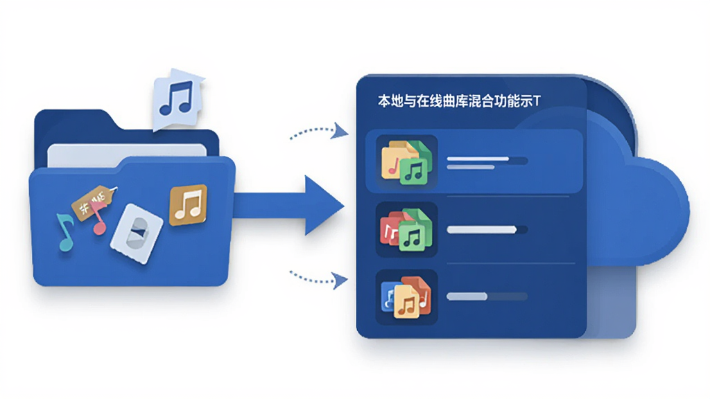 深蓝随机音乐台本地与在线曲库混合功能示意图,主体为文件夹图标与云朵图标通过箭头汇聚到中央播放列表,布局为左右汇聚式,排版清晰,风格为扁平化插画风,细节包括音符标签、彩色文件类型图标和柔和阴影,画质高清,干净,无多余元素