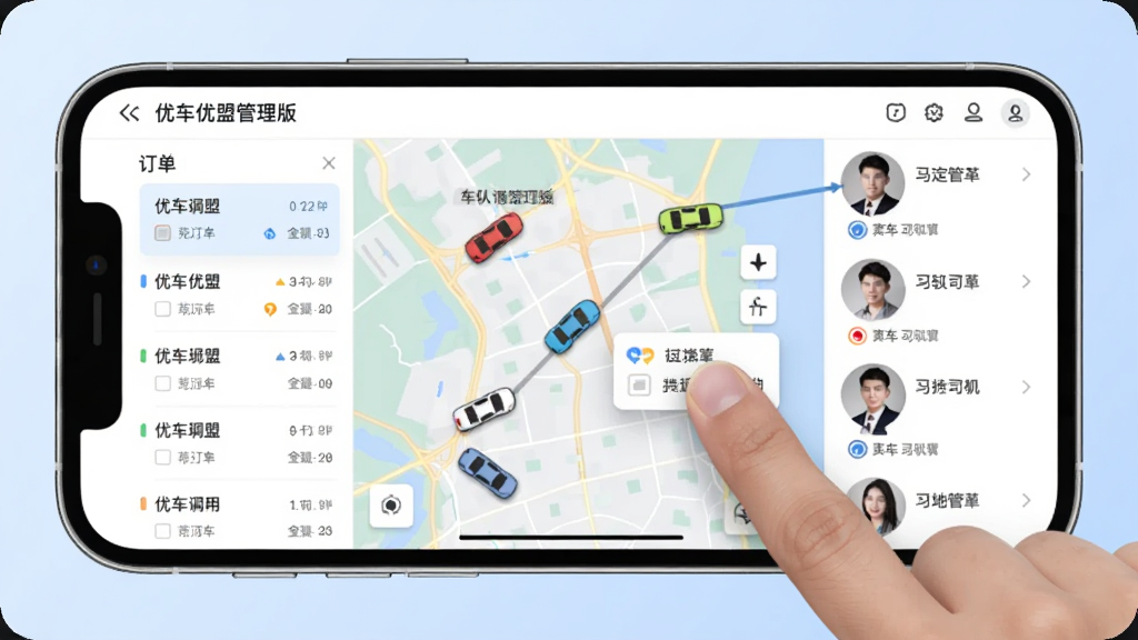 优车优盟管理版车队调度功能界面截图,画面中一部手机横屏显示地图,地图上有多个车辆图标,屏幕左侧是订单列表,右侧是司机头像列表,用户正在用手指拖动订单到司机头像上,界面风格现代简洁,背景为柔和的浅蓝色,画质清晰