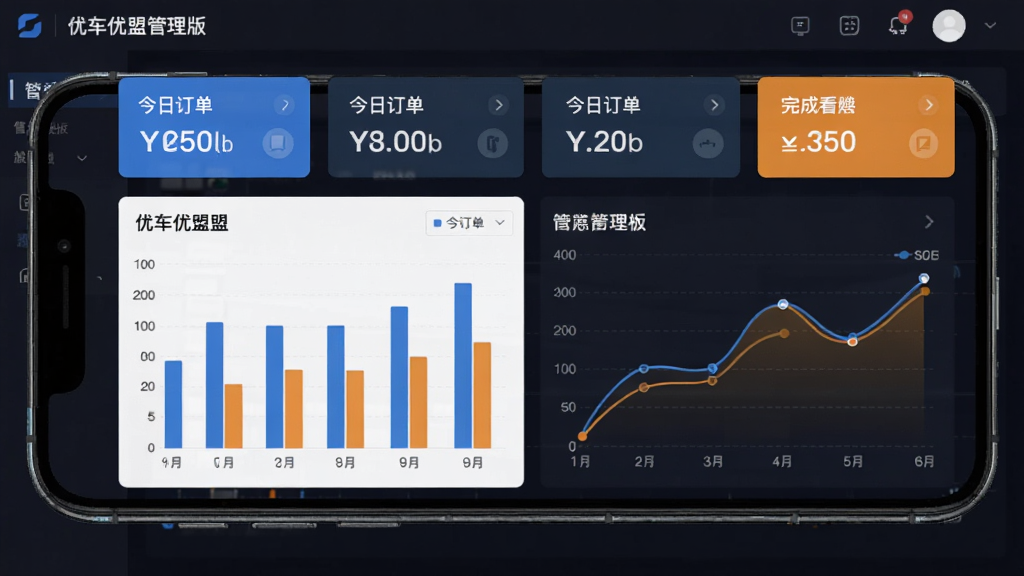 优车优盟管理版数据看板界面,手机屏幕上显示柱状图和折线图,图表颜色为蓝色和橙色,上方有今日订单、完成率等数字卡片,背景是深色模式下的管理后台界面,风格专业稳重,画质锐利