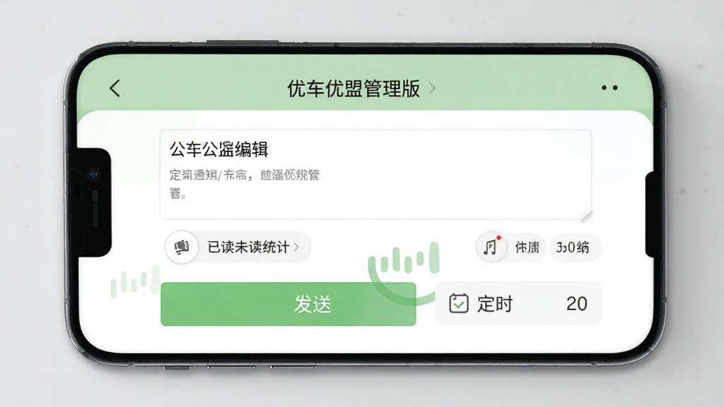 优车优盟管理版消息通知界面,手机屏幕显示公告编辑框和已读未读统计,界面配色为浅绿色和白色,有发送按钮和定时选项,风格清新,画质清晰