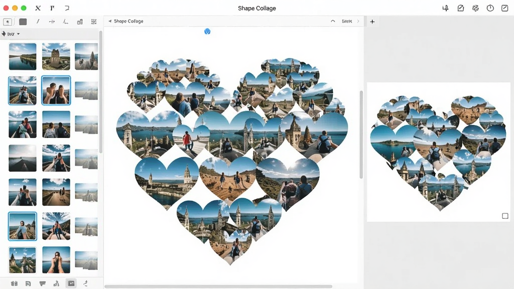一张展示Shape Collage软件界面的图片,画面中央是软件工作区,左侧为图片素材列表,右侧为拼贴预览效果,拼贴形状为心形,由数十张旅行照片组成,布局紧凑自然,界面风格简洁现代,整体色调明亮清新,画质清晰干净,无多余元素
