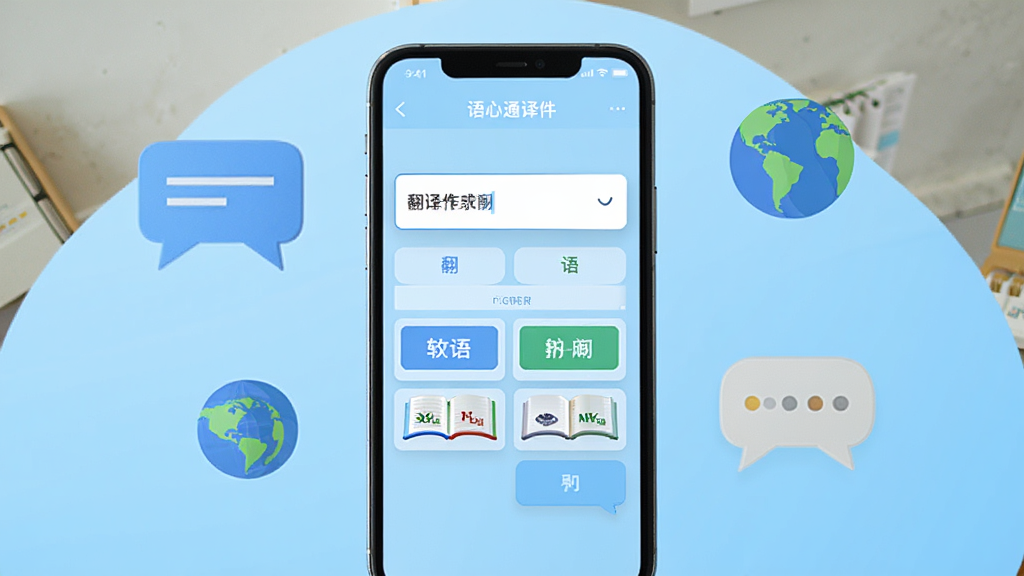 语心通译软件主界面展示,手机屏幕居中放置,屏幕内显示翻译输入框与多语种选择按钮,背景为浅蓝色渐变,周围点缀对话气泡与地球图标,整体风格简洁明快,扁平化设计,干净无多余元素,高清画质